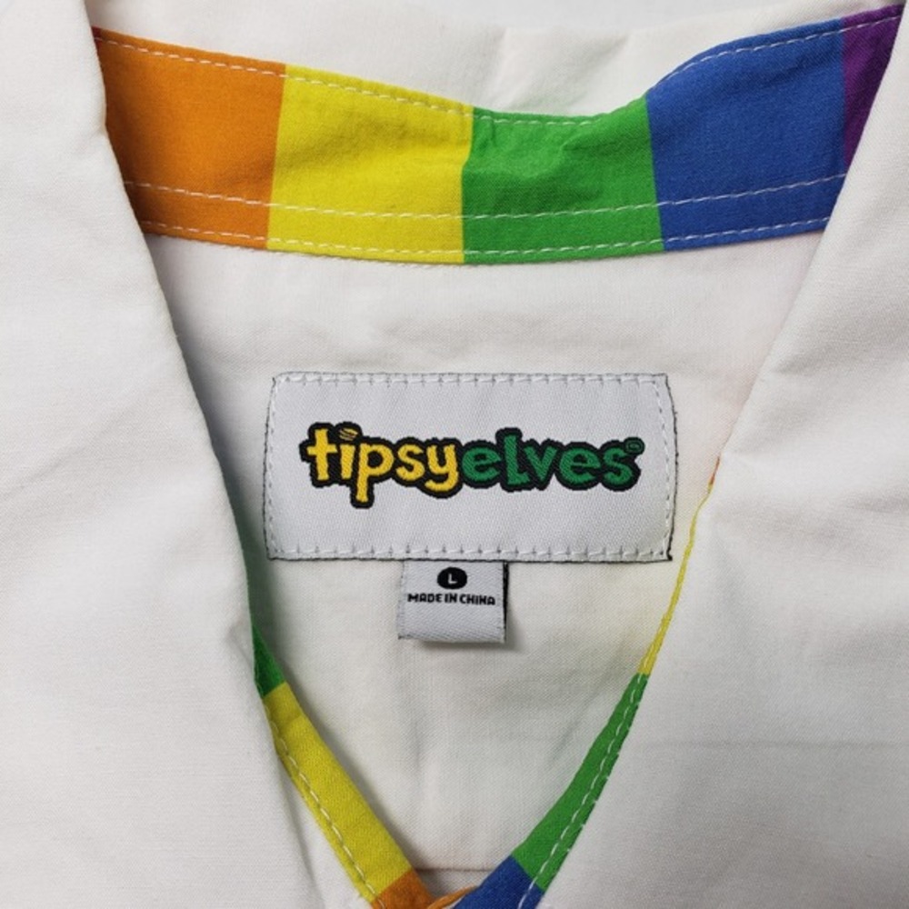 Tipsy Elves Button Down Shirt Mens Large White Rainbow PRIDE Pocket Fanny‎ Pack - Picture 2 of 16
